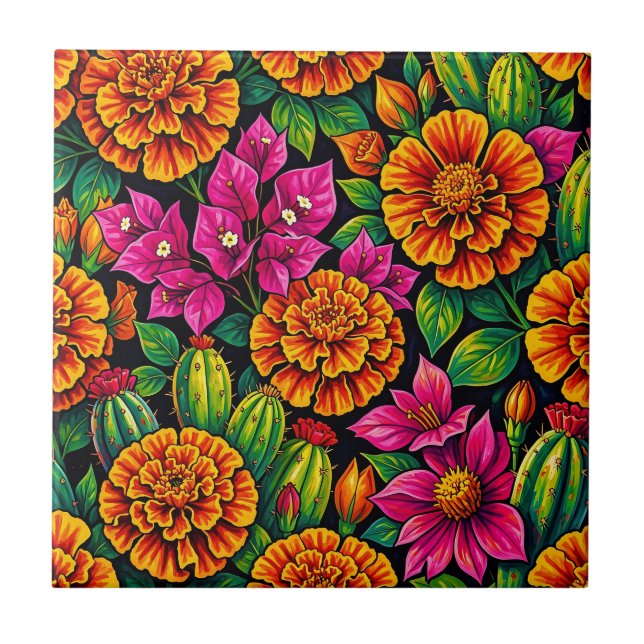 Vibrant Orange Magenta Marigold Cactus Tropical  Ceramic Tile (Front)