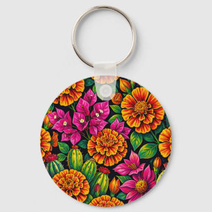 Vibrant Orange Magenta Marigold Cactus Tropical Key Ring