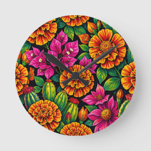 Vibrant Orange Magenta Marigold Cactus Tropical Round Clock
