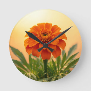 Vibrant Orange Marigold Flower Golden Sunset Round Clock