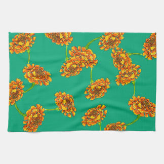 Vibrant Orange Marigolds on Bright Teal Tea Towel