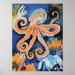 Vibrant Orange Octopus Expressionist Poster