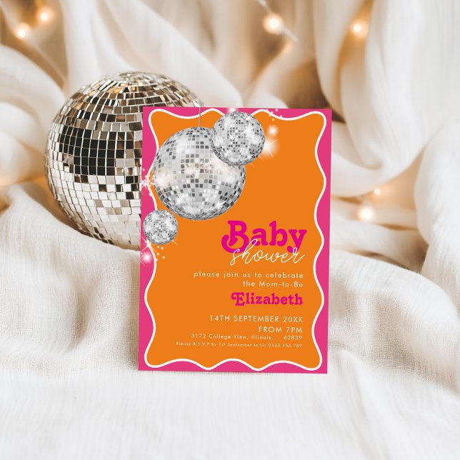 Vibrant Orange Pink Disco Ball Baby Shower Design Invitation (Creator Uploaded)