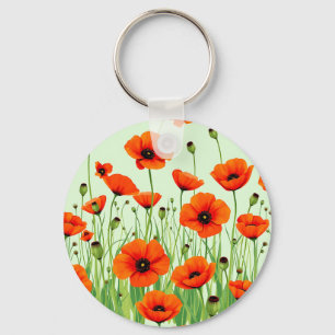 Vibrant Orange Poppy Field Watercolor Summer Key Ring