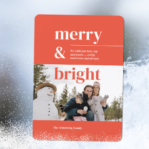 Vibrant Orange & Red Merry & Bright Photo  Holiday Card