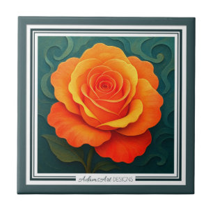 Vibrant Orange Rose Paper-Cut FloralCeramic Tile