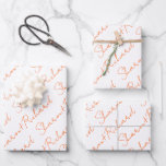 Vibrant orange script calligraphy names wedding  wrapping paper sheet<br><div class="desc">Make your wedding day even more unique with our vibrant orange calligraphy names Wrapping Paper Sheets. These sheets can be personalised with your names, so they're special to you. If your names take more or less space than the standard text size, you can adjust the text size to make sure...</div>