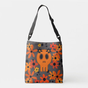 Vibrant orange skull and flowers crossbody bag