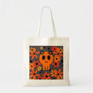 Vibrant orange skull and flowers tote bag