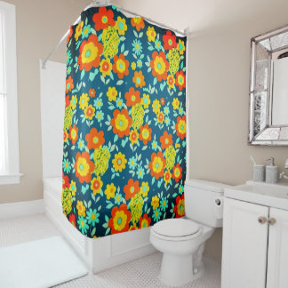 Vibrant Orange & Yellow Blooms on Deep Teal Shower Curtain
