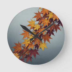 Vibrant Orange Yellow Maple Leaves Fall Foliage Round Clock