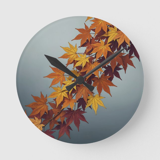 Vibrant Orange Yellow Maple Leaves Fall Foliage Round Clock (Front)