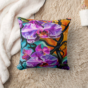 Vibrant Orchid Blooms Against Distinctive Backdrop Cushion