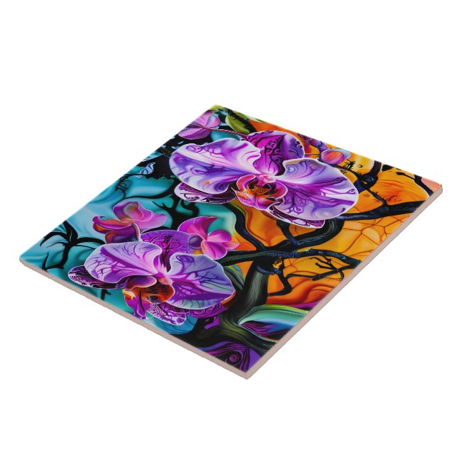 Vibrant Orchids Against a Colourful Background Ceramic Tile (Side)