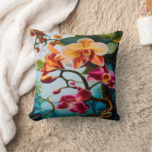 Vibrant Orchids Blooming in Tropical Paradise Cushion