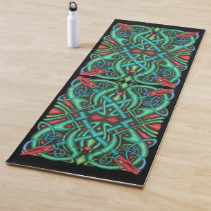 Vibrant Ornate Celtic Knot Design Red Dragon Heads Yoga Mat