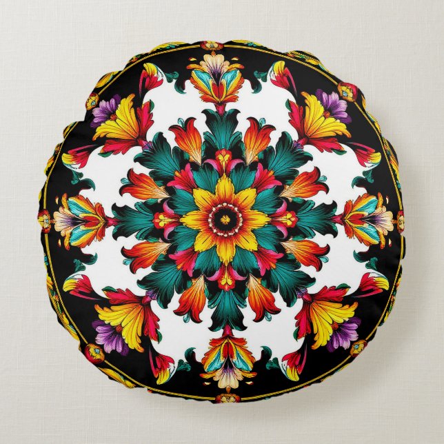 Vibrant Ornate Mandala Design Round Cushion (Front)