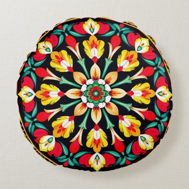 Vibrant Ornate Mandala Design Round Cushion (Front)