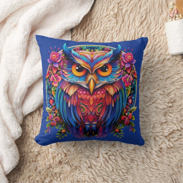 Vibrant Owl - Colourful Boho Cushion (Blanket)