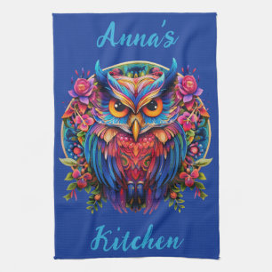 Vibrant Owl - Colourful Boho w/ Custom Name Tea Towel