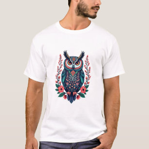 Vibrant Owl with Floral Details T-Shirt