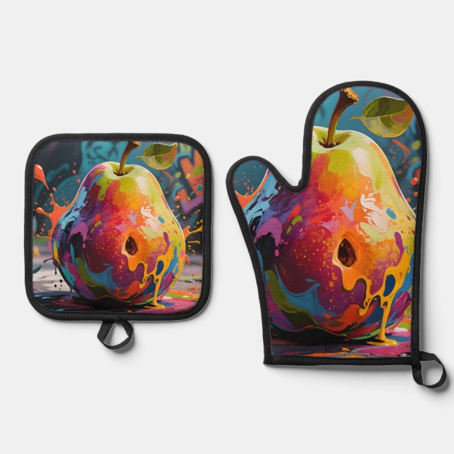 Vibrant Paint Splash Pear Oven Mitt & Pot Holder Set (Front)