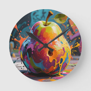 Vibrant Paint Splash Pear Round Clock
