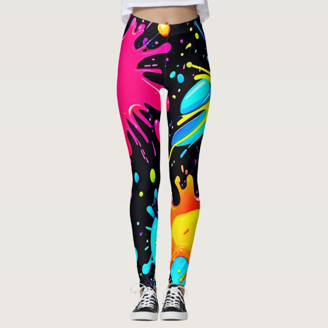 Vibrant Paint Splatter Art Burst Leggings (Front)