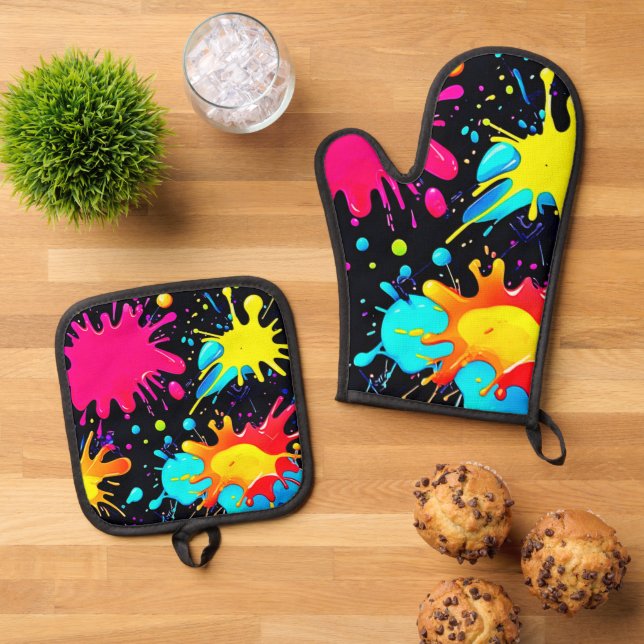 Vibrant Paint Splatter Art Burst Oven Mitt & Pot Holder Set (Top Down)