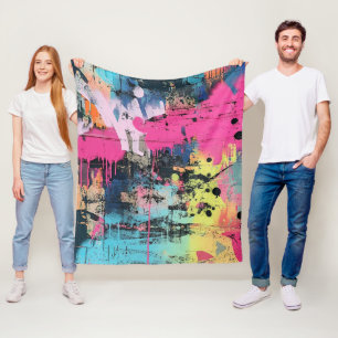 Vibrant Paint Splatter Graffiti Pink Yellow Blue Fleece Blanket