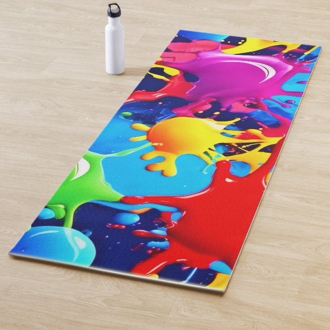Vibrant Paint Splatters: A Bold Colours Statement Yoga Mat (In Situ)