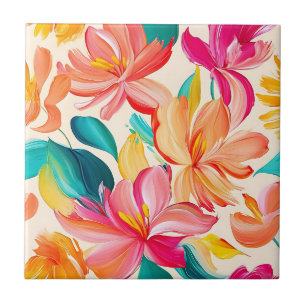 Vibrant Painted Floral Pattern Ceramic Tile