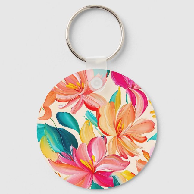 Vibrant Painted Floral Pattern Key Ring (Front)