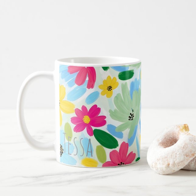 Vibrant Painterly Colourful Botanical Art  Coffee Mug (With Donut)