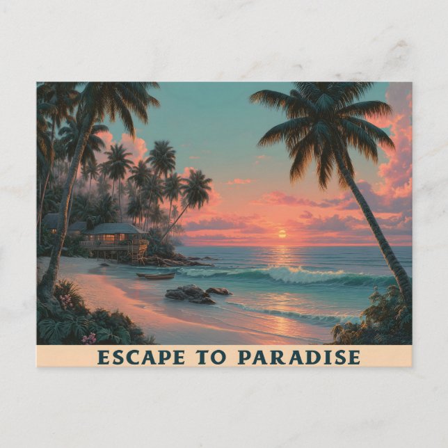 Vibrant Painterly Tropical Beach Sunset  Holiday Postcard (Front)