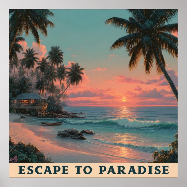 Vibrant Painterly Tropical Beach Sunset  Poster (Front)