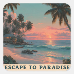 Vibrant Painterly Tropical Beach Sunset  Square Sticker