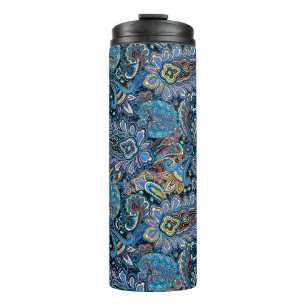 Vibrant Paisley Pattern in Blue on Black Thermal Tumbler