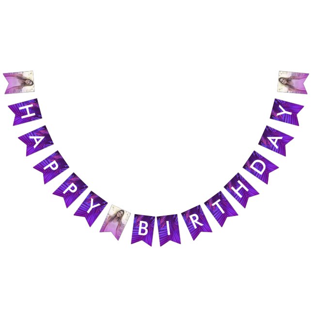 Vibrant Palm Leaf Purple Photo Happy Birthday Flag (All)
