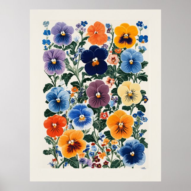 Vibrant Pansy Floral Illustration Poster (Front)