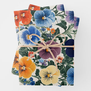 Vibrant Pansy Floral Illustration Wrapping Paper Sheet