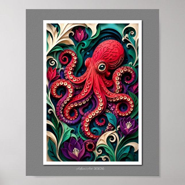 Vibrant Paper Art Octopus Garden Poster (Front)