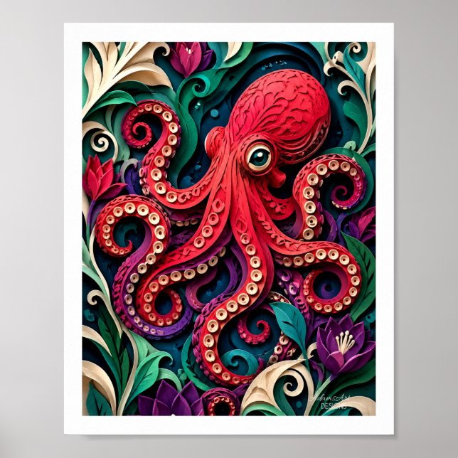 Vibrant Paper Art Octopus Garden Poster (Front)