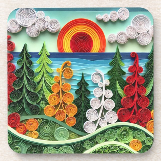Vibrant Paper Quilling Art Displaying Colourful Fo Coaster (Front)
