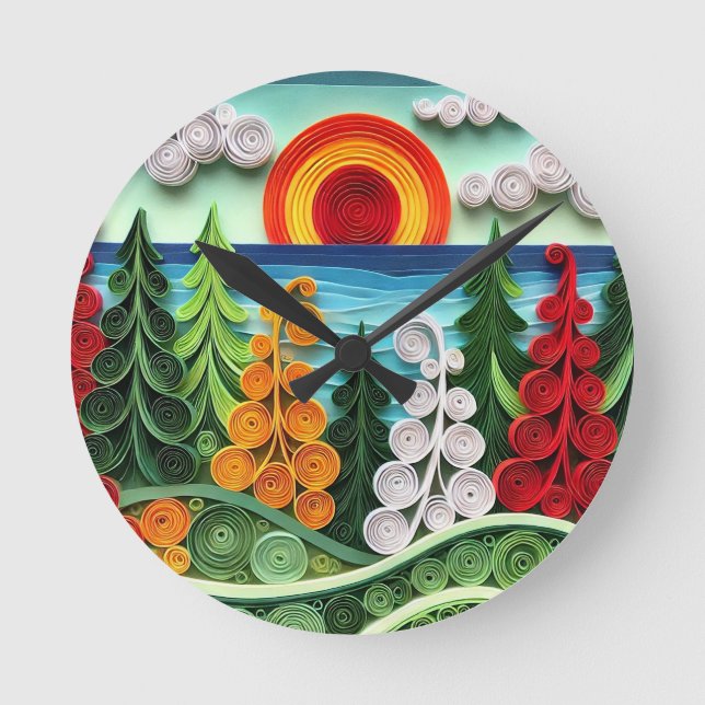 Vibrant Paper Quilling Art Displaying Colourful Fo Round Clock (Front)