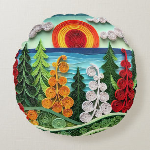 Vibrant Paper Quilling Art Displaying Colourful Fo Round Cushion