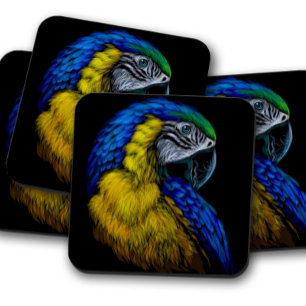 Vibrant Parrot Coaster Set Blue Parrot Portrait