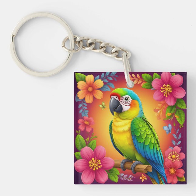 Vibrant Parrot Perched On A Branch Key Ring (Front)