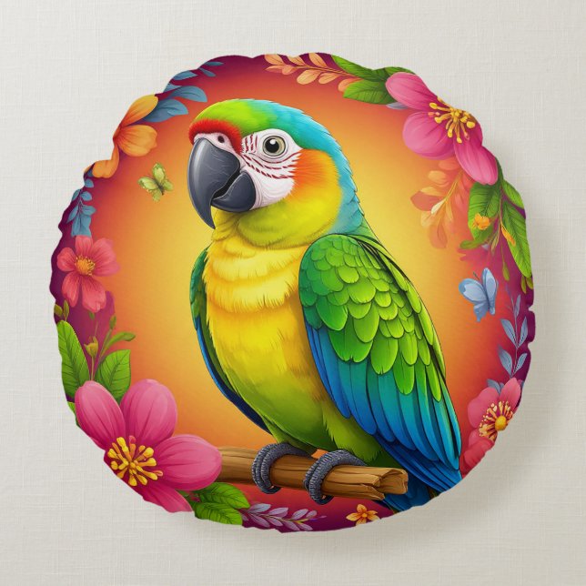 Vibrant Parrot Perched On A Branch Round Cushion (Front)