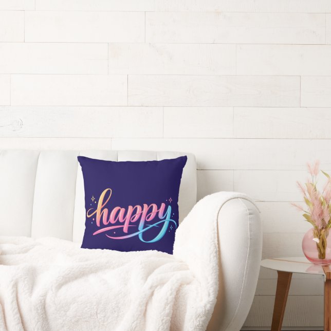 Vibrant Pastel Gradient HAPPY Typography - Modern  Cushion (Couch)